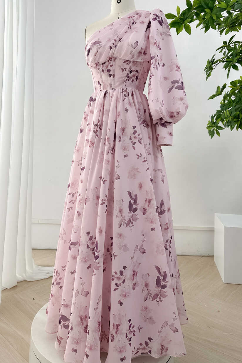 MissJophiel One Shoulder Long Sleeves Floral Print Chiffon Dress ...