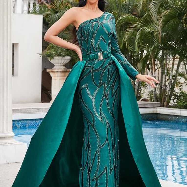 Missord Elegant Green Evening Dress Women One Shoulder Long Sleeve ...