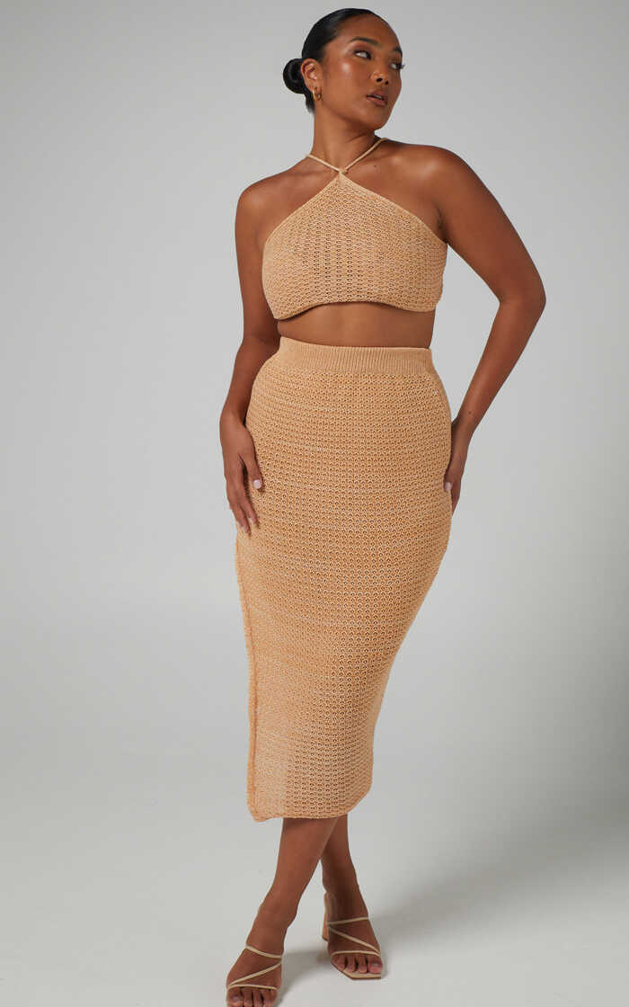 Missy Chevron Crochet Midi Skirt Two Piece Set in Beige | Showpo EU