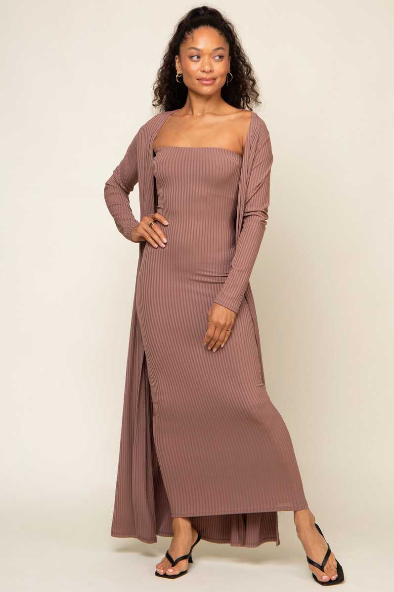 Mocha Ribbed Sleeveless Dress Cardigan Maternity Set – PinkBlush