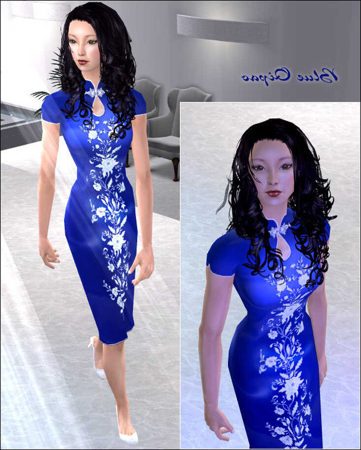 Mod The Sims - Blue Qipao - modern chinese style dress