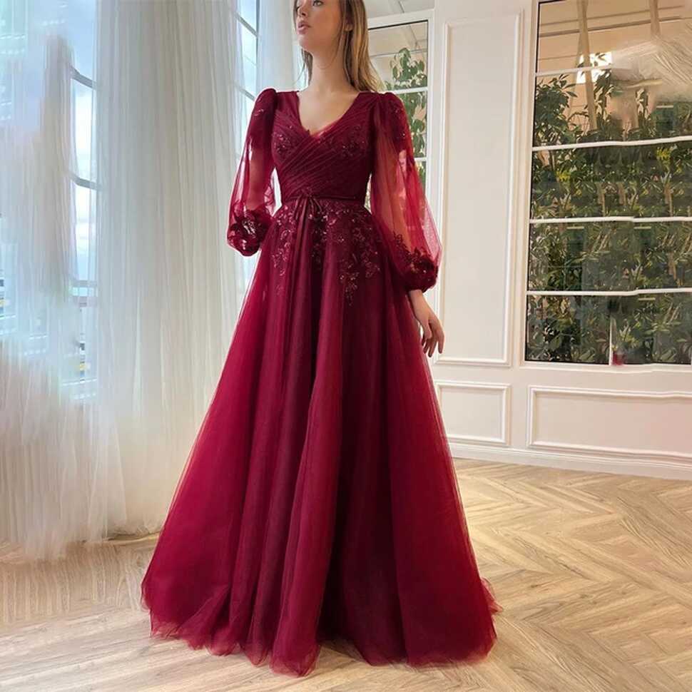 Modern Dark Red Long Puff Sleeves V-neck Tulle A Line Evening ...