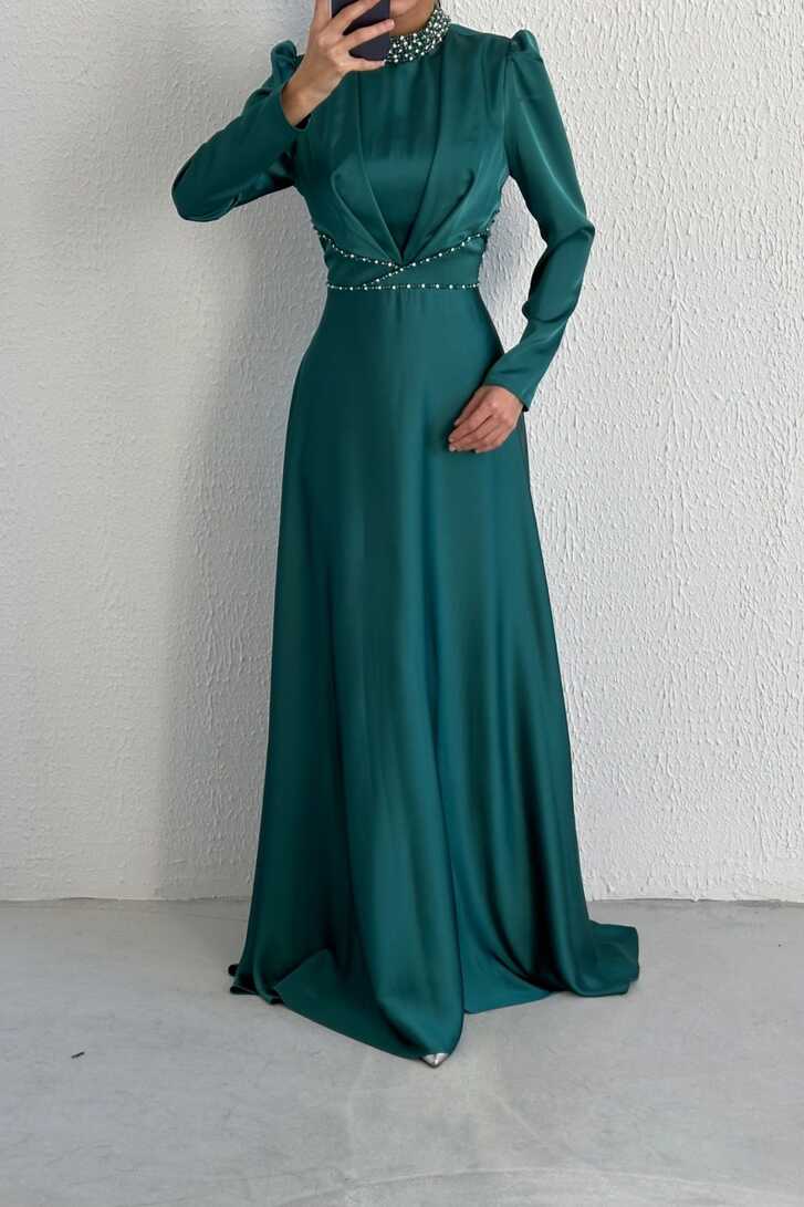 Modern Design Satin Hijab Evening Dress Emerald - Leyuze Boutique