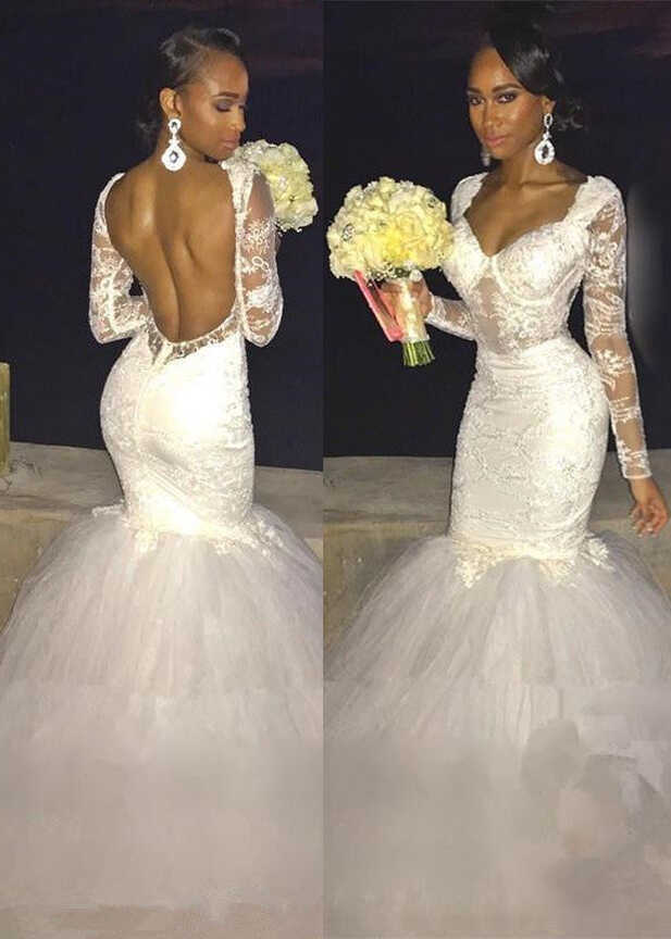 Modern Mermaid Long Sleeve Lace Backless Wedding Dress ...