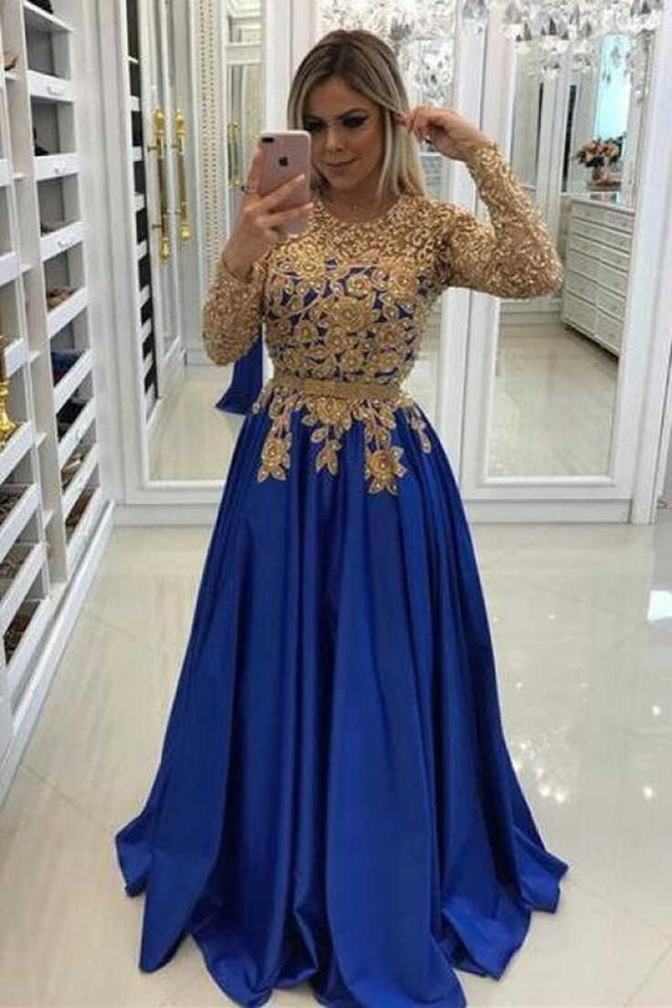 Modern Royal Blue &amp; Purple Long Sleeve Prom Dresses 2021 - Bridelily