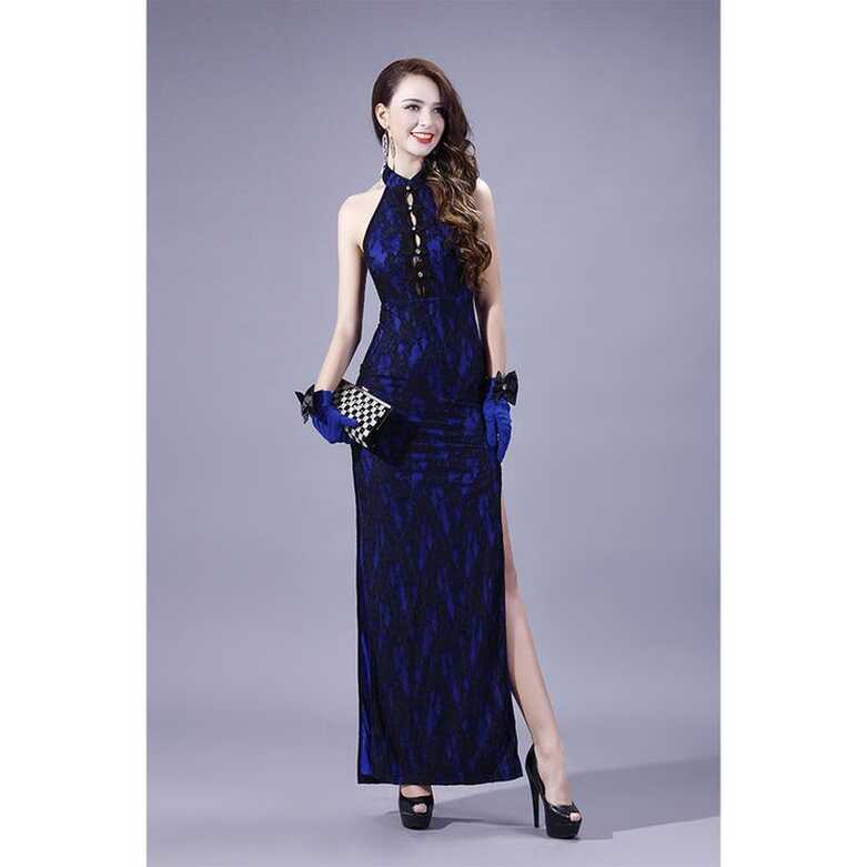 Modern Sleeveless Long Lace Qipao Cheongsam Dress - Blue