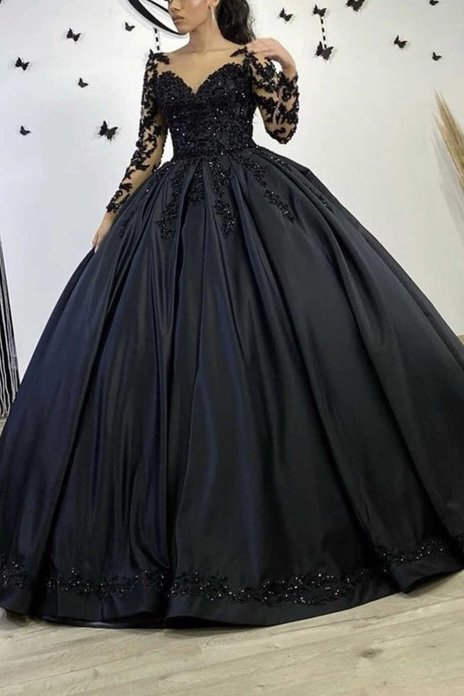 Modest Black Ball Gown Satin Beading Long Sleeves Princess Wedding ...