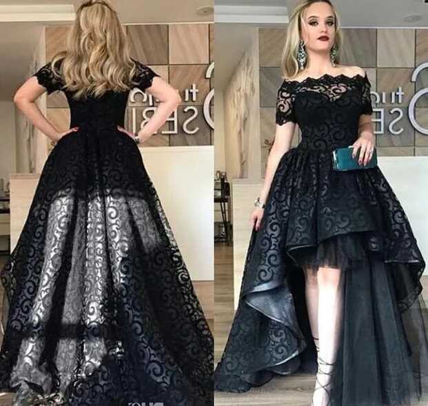 Modest Black High Low Lace Prom Dresses 2019 Bateau Short Sleeve A ...