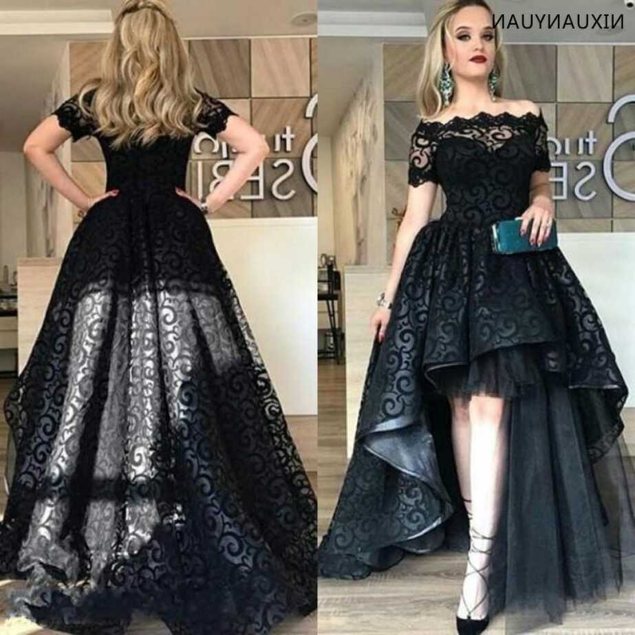 Modest Black Lace Short Front Long Back Prom Dresses Bateau ...