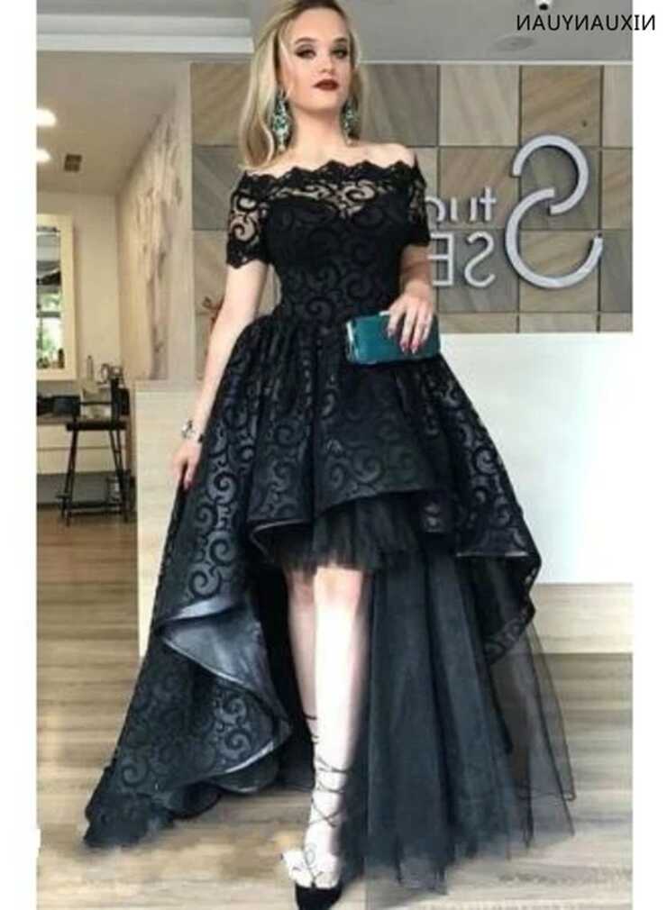 Modest Black Lace Short Front Long Back Prom Dresses Bateau Short ...