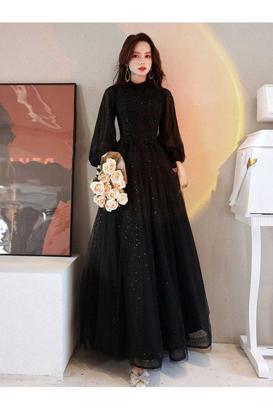 Modest Black Long Tulle Formal Dress with Long Lantern Sleeves