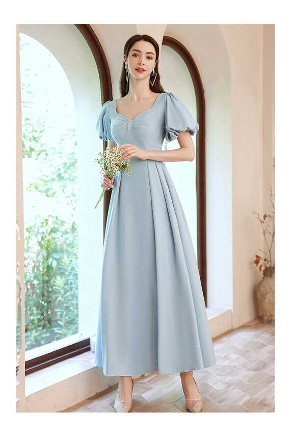 Modest Blue Bubble Sleeves Simple Prom Dress Aline with Beadings ...