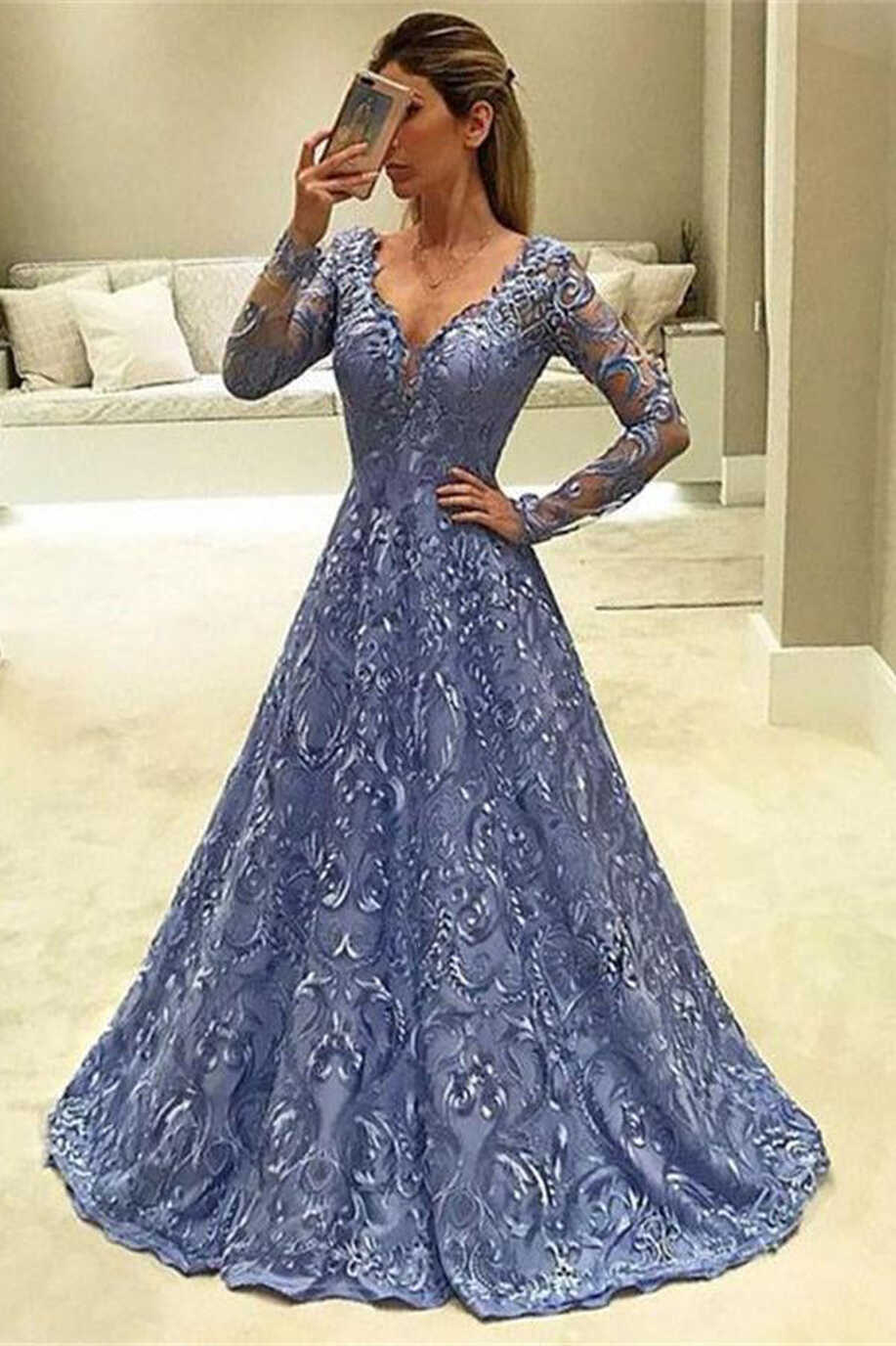 Modest Blue Long Sleeves V-neck Long Lace Evening Prom Dress ...