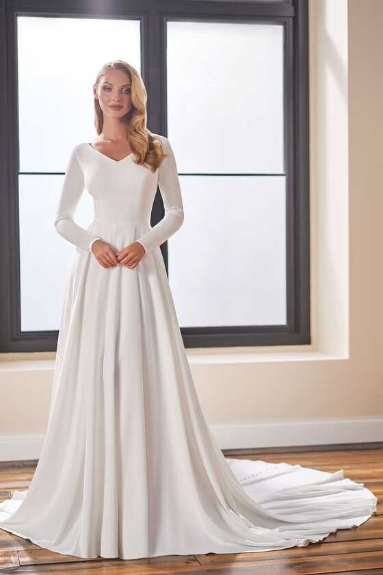 Modest Bridal by Mon Cheri TR22175 Long Sleeve V-Neck Wedding Gown ...