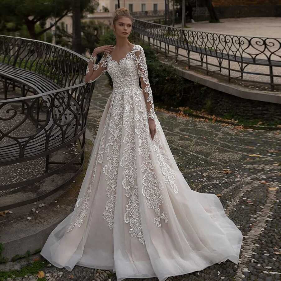 Modest Champagne Wedding Dress Long Sleeves Sweetheart Lace Gowns ...