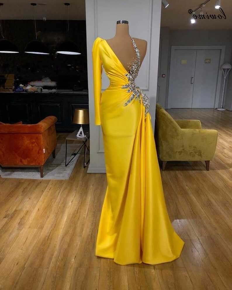 Modest Evening Dresses Long Sleeve One Shoulder Yellow Beaded ...