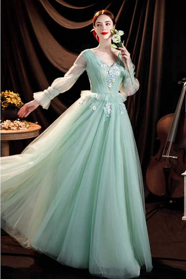 Modest Green Tulle Vneck Long Sleeves Prom Dress with Flower ...