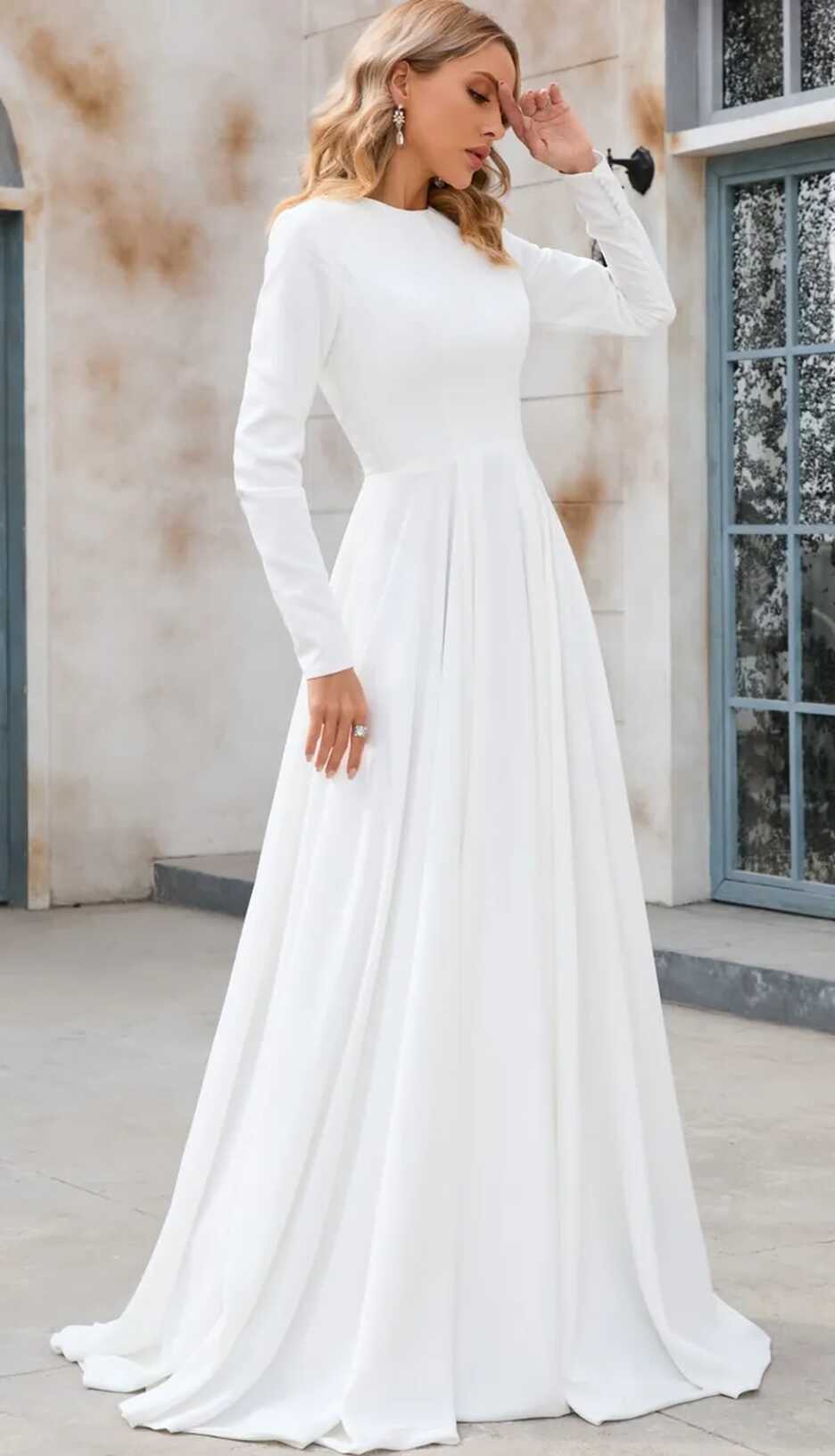 Modest Long Sleeve Bridal Gown Crew Neck A-line Wedding Dress for ...