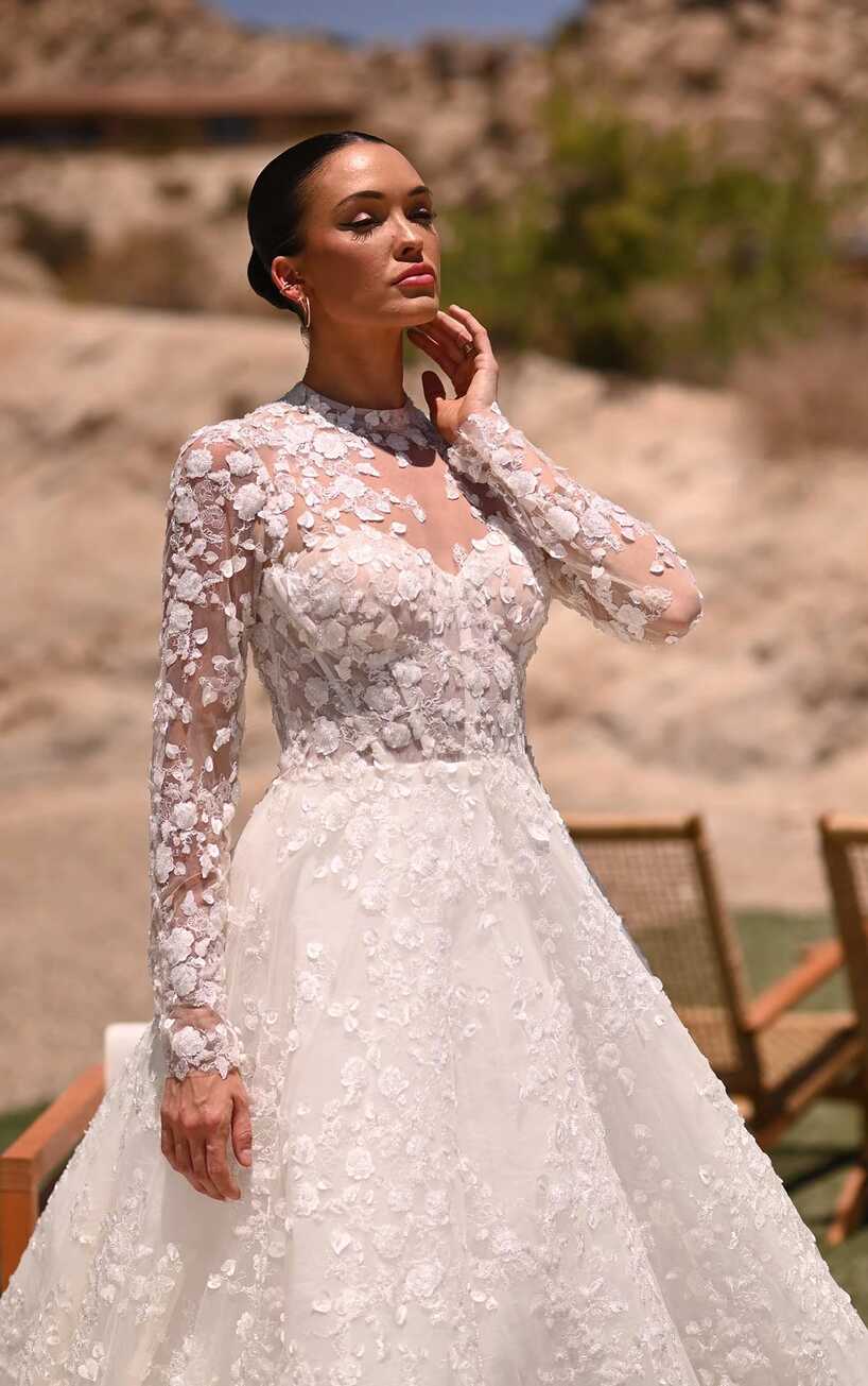 Modest Long Sleeve Lace A-Line Wedding Dress with High Neckline