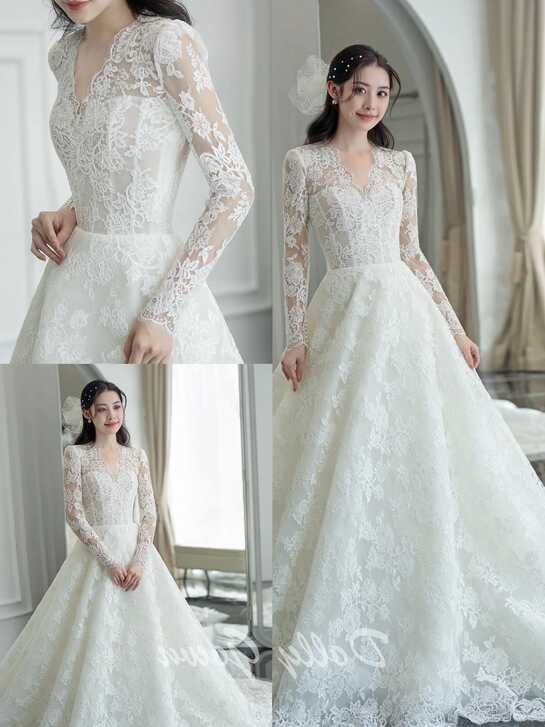 Modest Long Sleeve V-Neck A-line Lace Wedding Dress