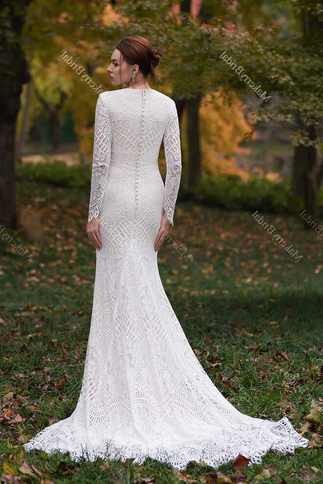 Modest Long Sleeves Lace Mermaid Wedding Dress – MakerryBridal