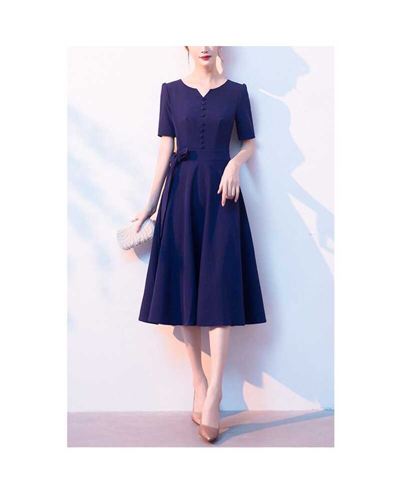 Modest Navy Blue Knee Length Semi Formal Dress With Short Sleeves ...