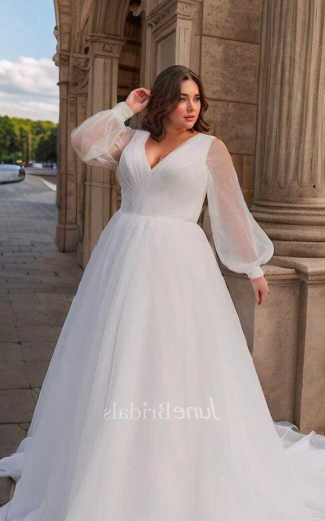 Modest Plus Size Long Sleeve Wedding Dress Simple Casual A-Line V ...