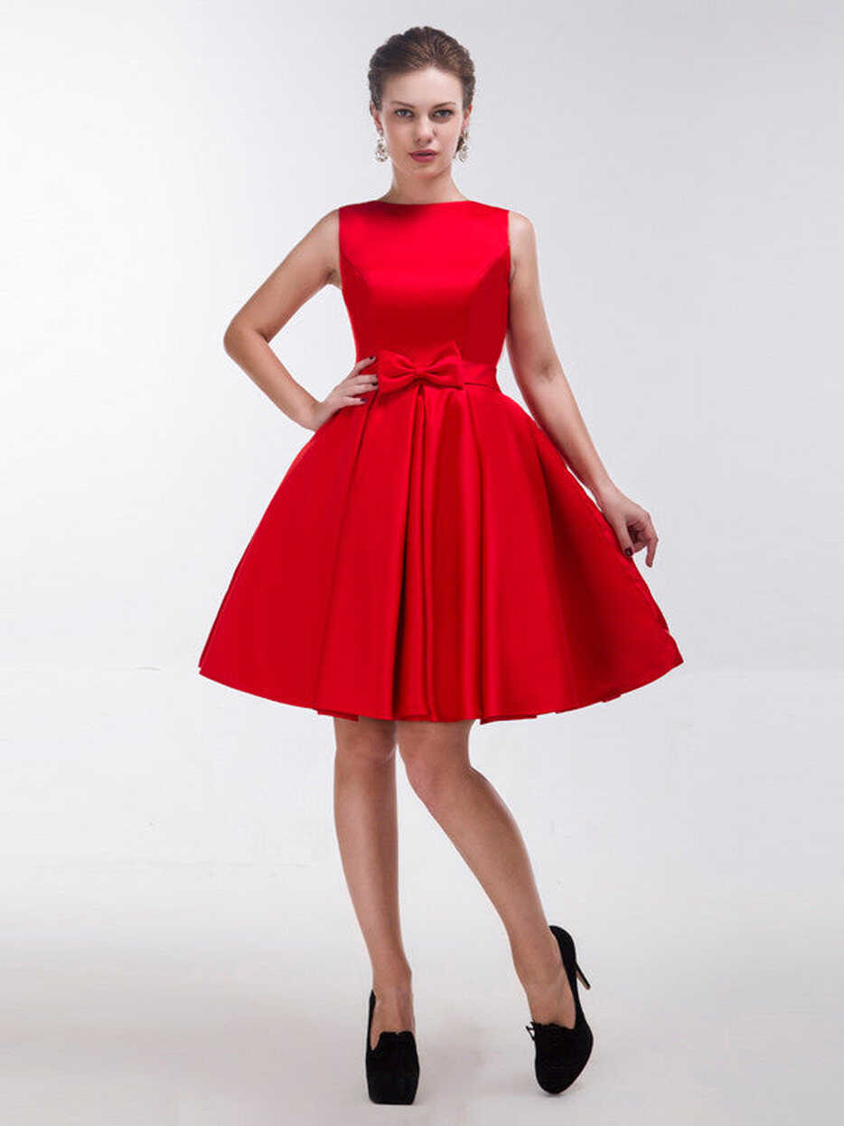 Modest Red Knee Length Formal Dress with Bow