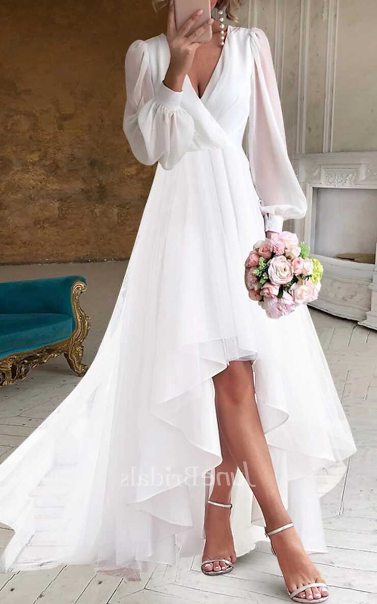 Modest Simple Long Sleeves A-Line V-Neck Wedding Dress Elegant ...