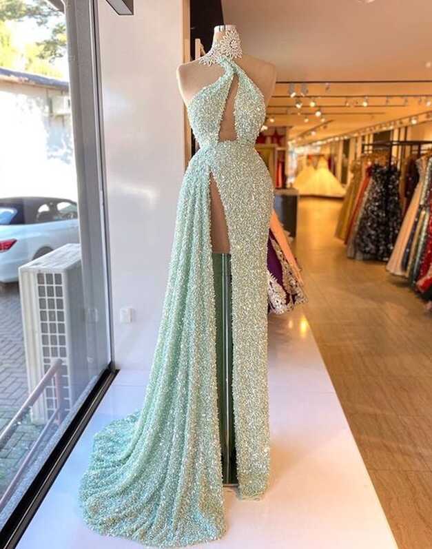 Modest Sparkly Evening Dresses Long Mint Green Lace Applique ...