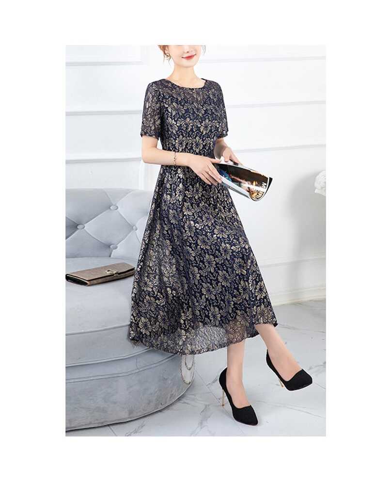 Modest Tea Length Floral Wedding Guest Dress With Short Sleeves ...