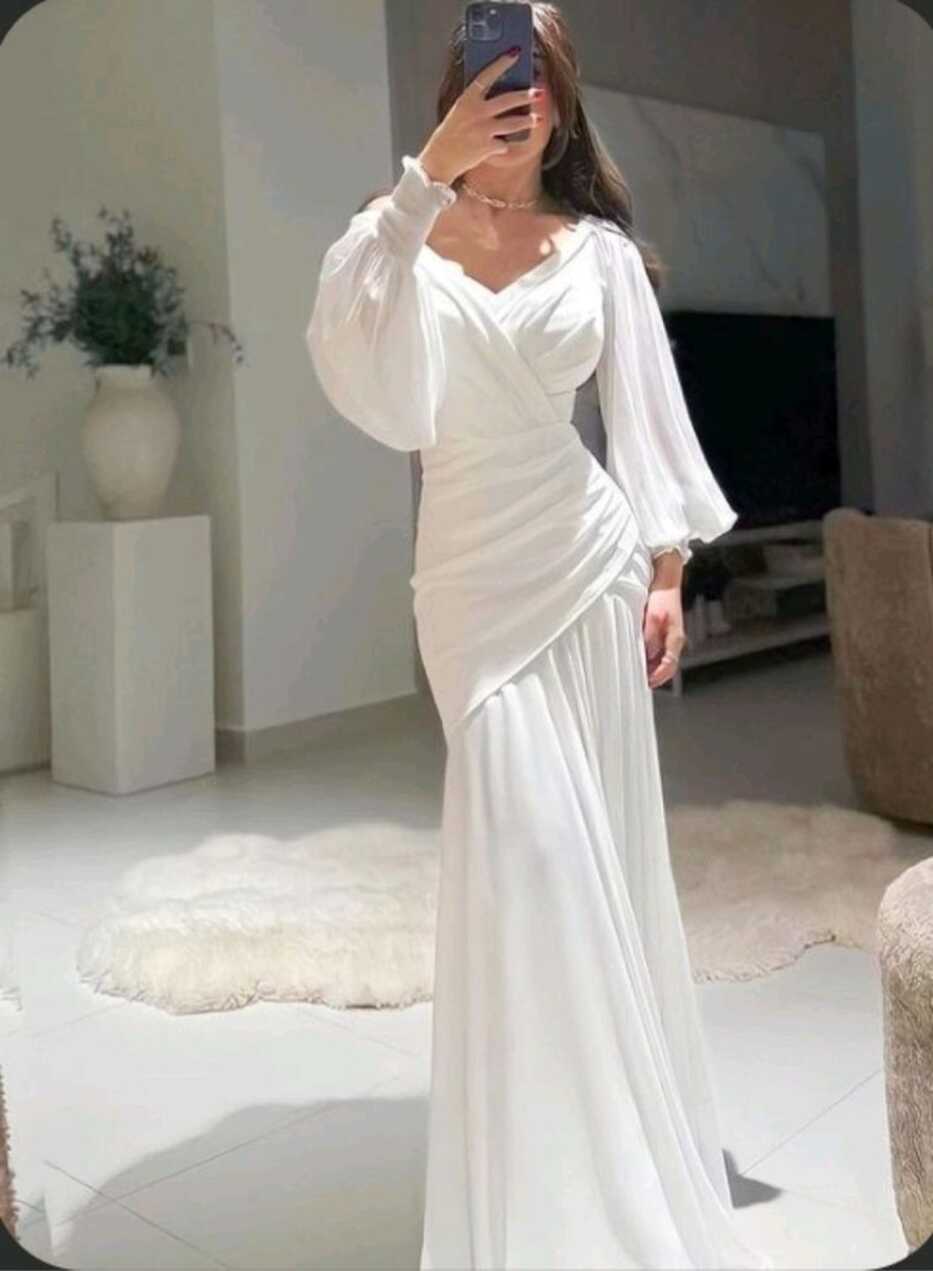 Modest White Mermaid Long Evening Dress with Puff Sleeves Y4074 ...