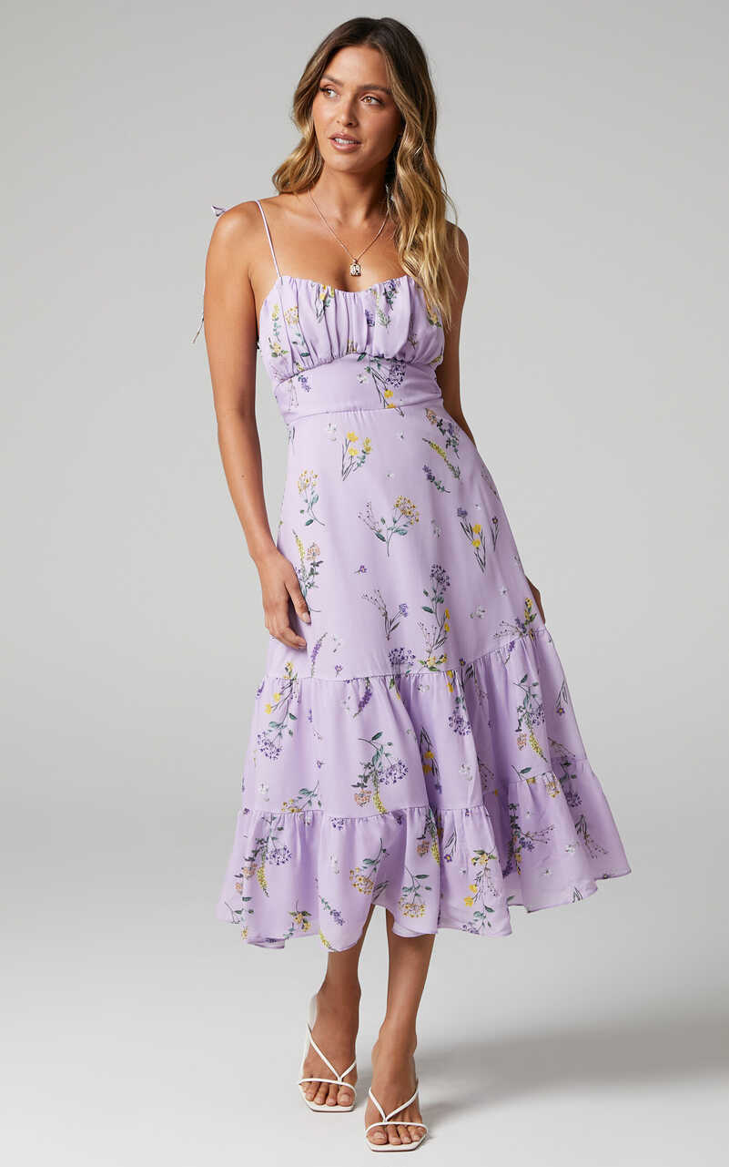 Monaco Midi Dress - Strappy Sweetheart Tiered Dress in Lavender ...