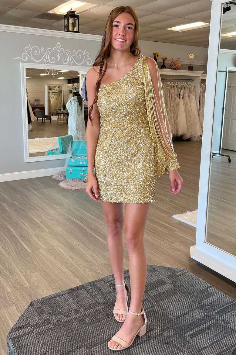 Monroe Short Gold Sheath One Shoulder Sequins Homecoming Dress ...