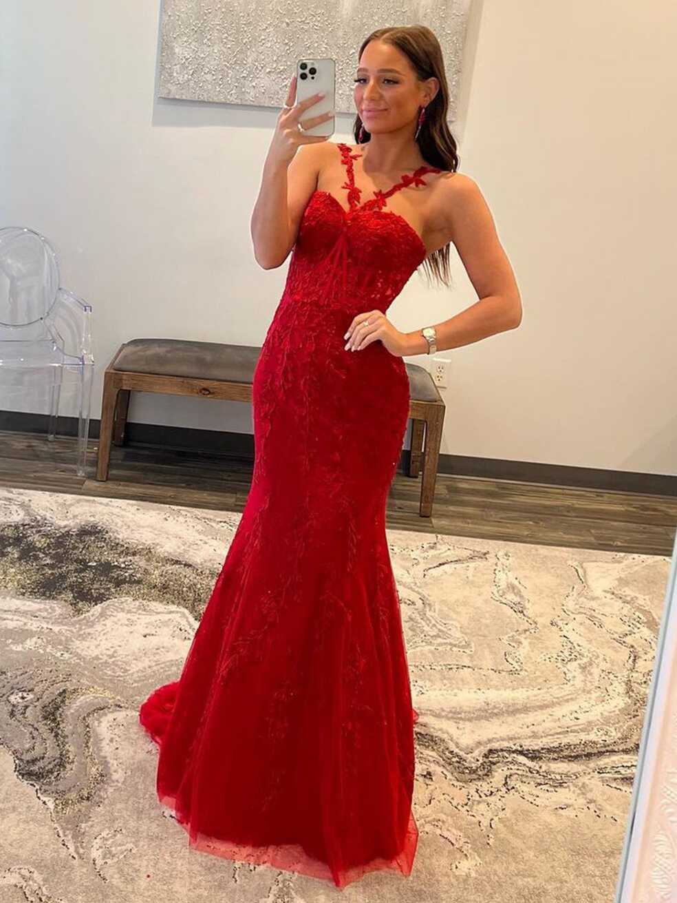 Morgan Red Mermaid Halter Neck Lace Mermaid Long Prom Dress | KissProm