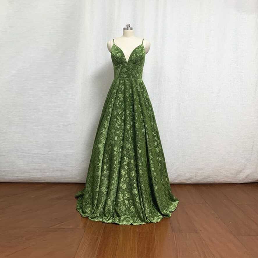 Moss Green Floral Prom Dress 2022 Ball Gown Spaghetti Straps Long ...