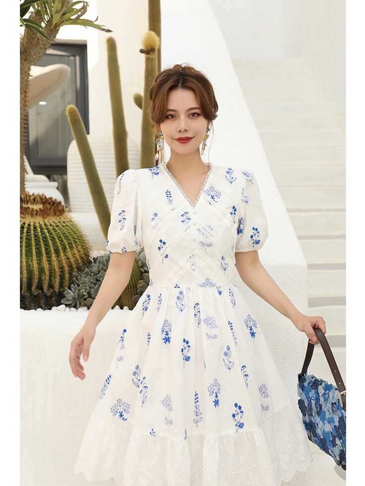 Mr. Water New York White Mini Dress With Embroidery Blue Flowers ...