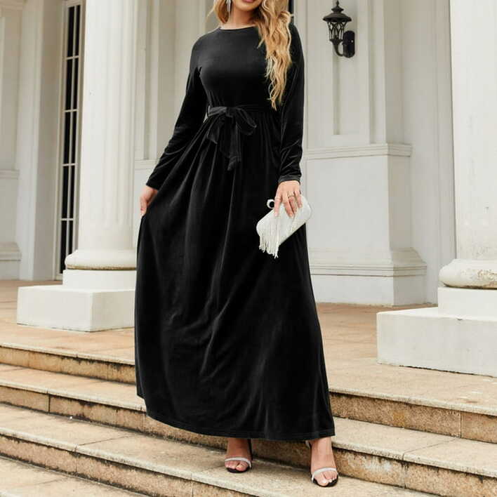 Mrat Women&#39;s Velvet Maxi Dress Long Sleeve Crew Neck Elastic High ...