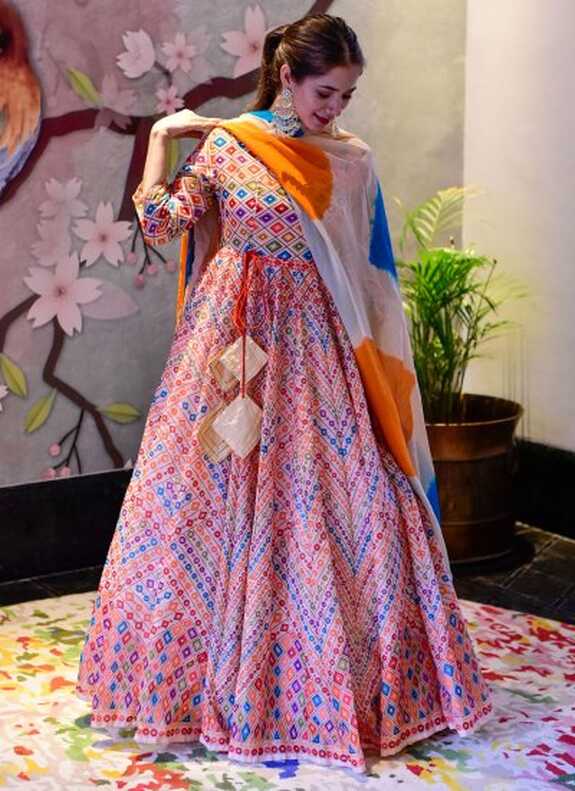 Multi Colour Festival Cotton Silk Designer Gown -