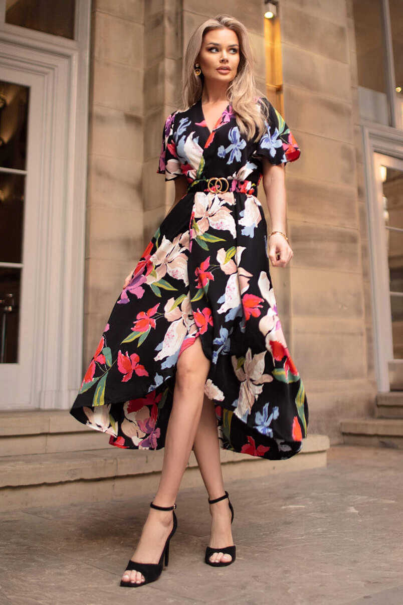 Multi Floral Printed Short Sleeve Belted Wrap Midi Dress – AX Paris