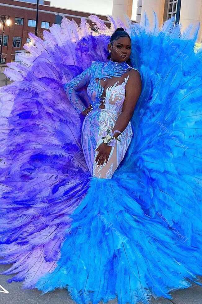 Multi-color Unique Sequin Big Feather Trumpet Crafted Prom Gown