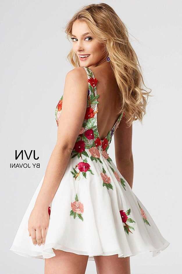 Multi color floral embroidered short chiffon v neck dress.