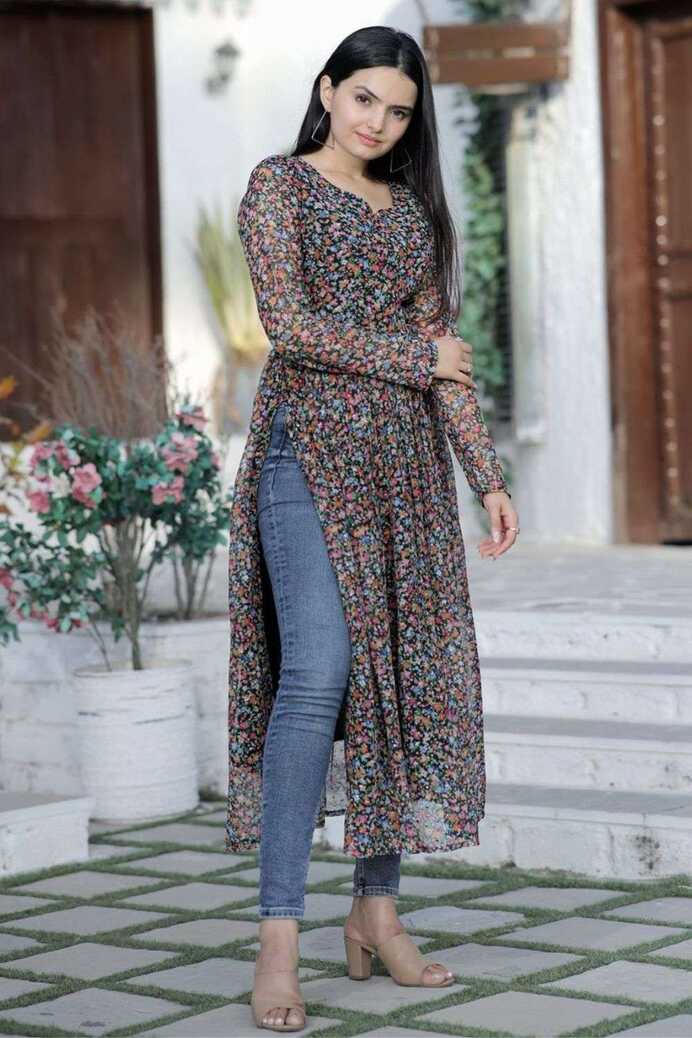 Multicolor Digital print Straight Kurti in Georgette - KTI2038