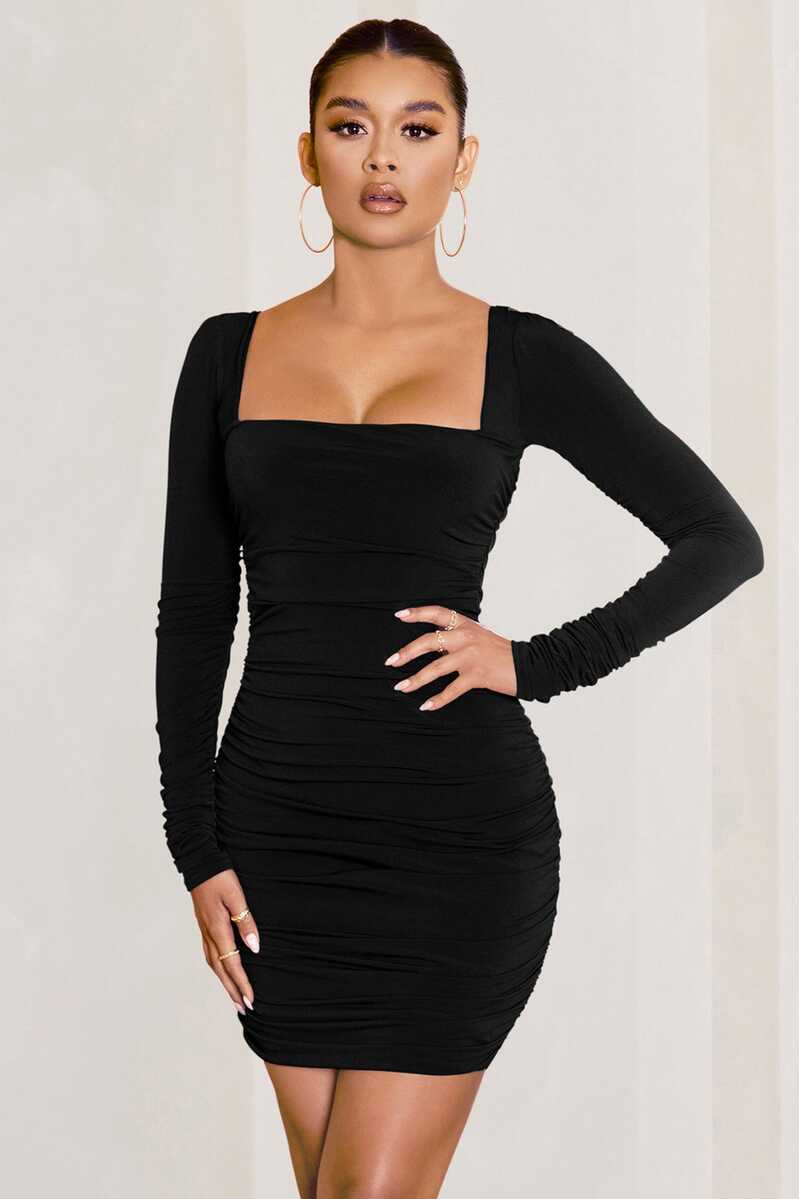 Muse Black Long Sleeve Square Neck Ruched Mini Dress – Club L ...