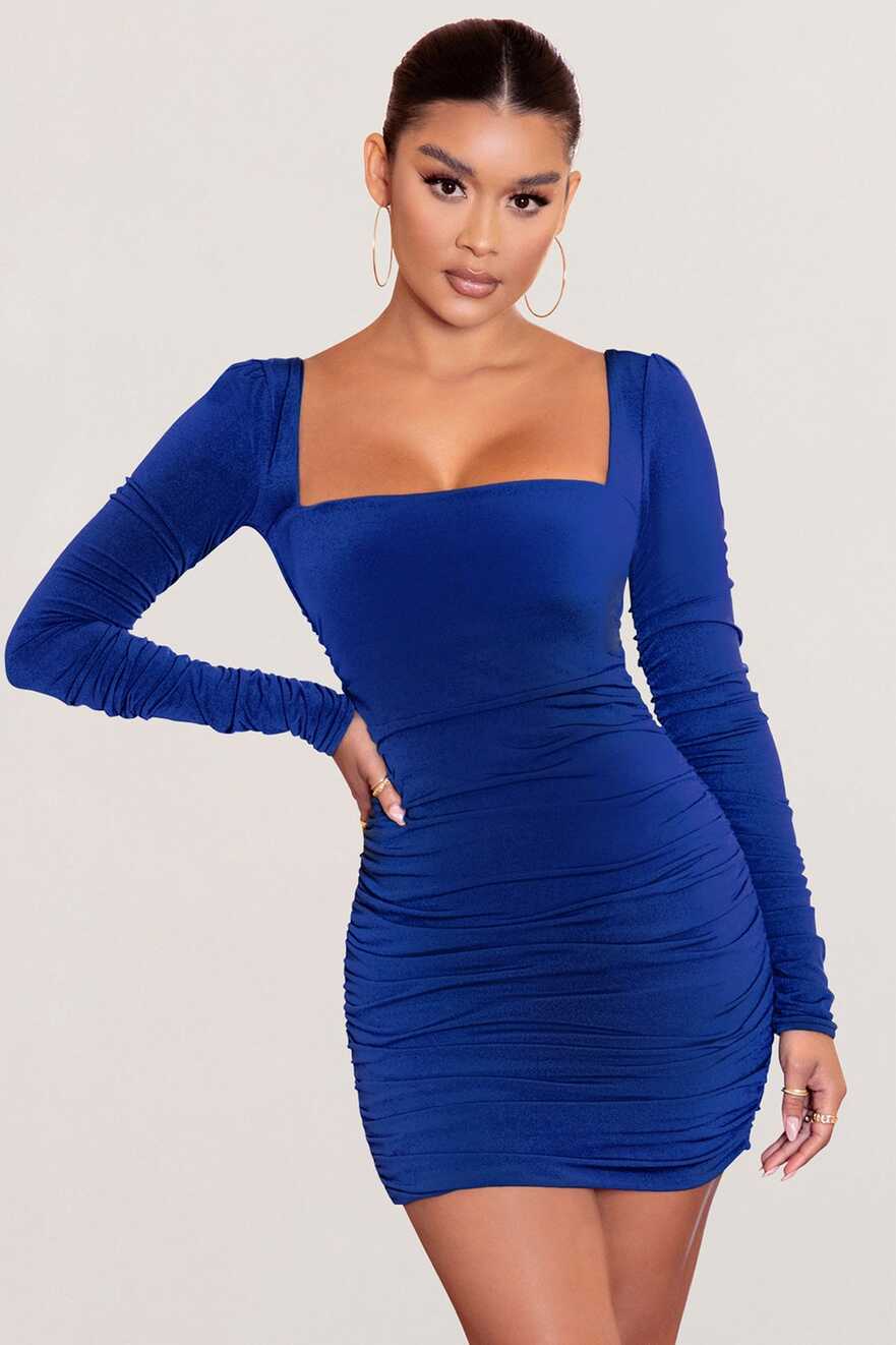 Muse Royal Blue Long Sleeve Square Neck Ruched Mini Dress – Club L ...