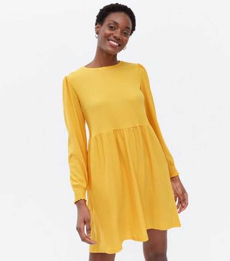 Mustard Crinkle Jersey Long Sleeve Mini Smock Dress | New Look