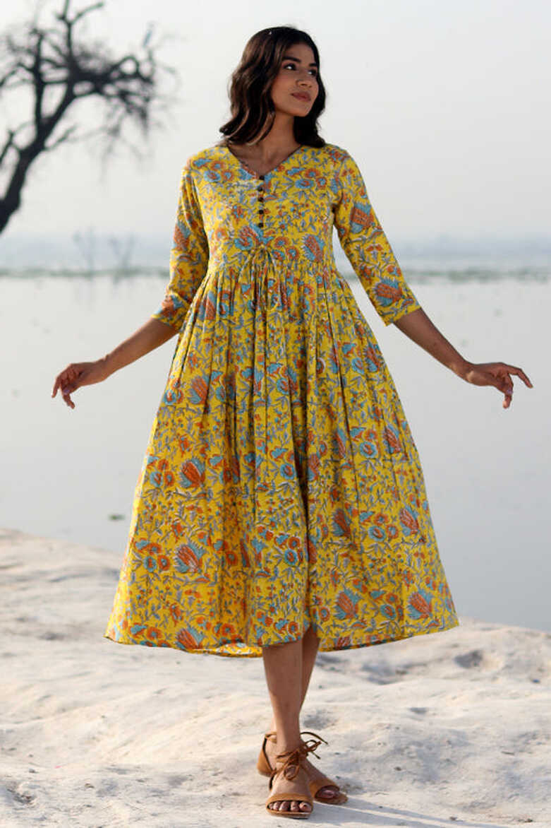 Mustard Garden Pure Cotton Hand Block Printed Dress For Women ...