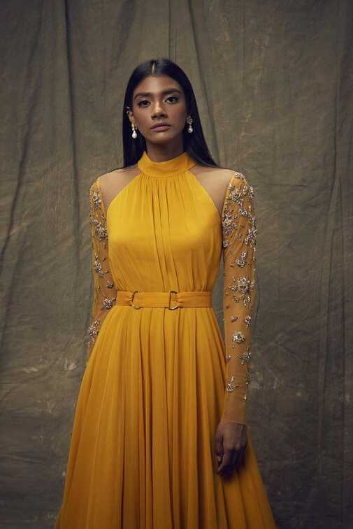 Mustard Gown with Embellished Long Sleeves | Designer party wear ...