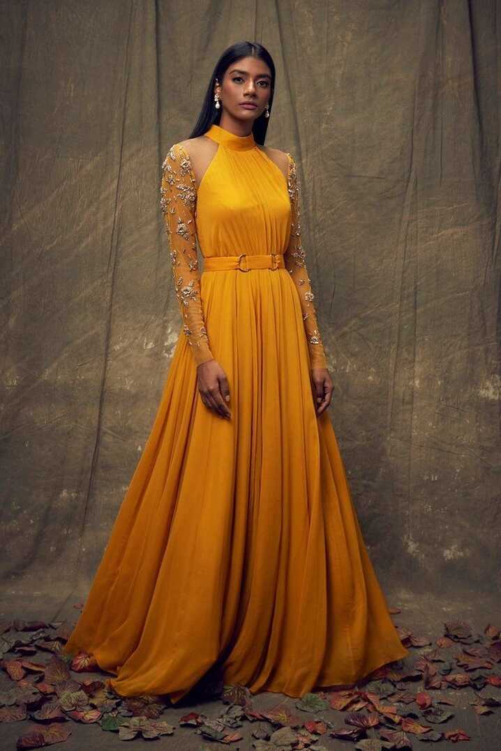 Mustard Gown with Embellished Long Sleeves