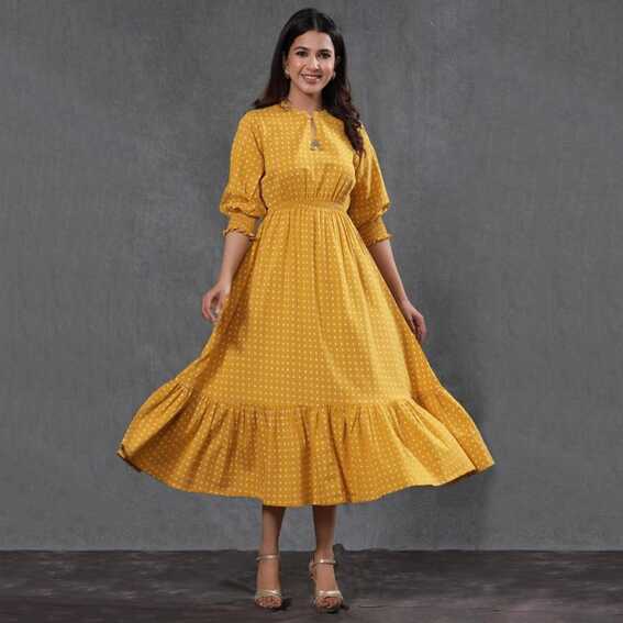 Mustard Yellow Casual Wear Dot Printed Cotton Western Dress